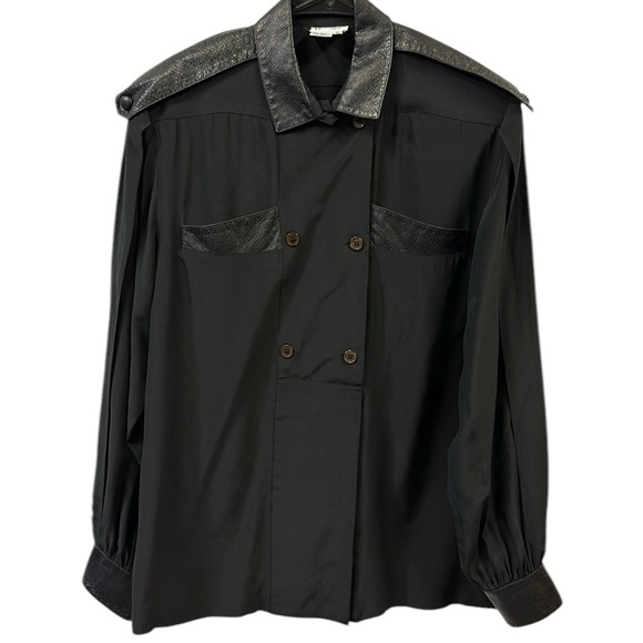Silk Kenica Black with Textured Leather Accents 2 Pocket Long Sleeve Blouse 8 - Picture 10 of 12